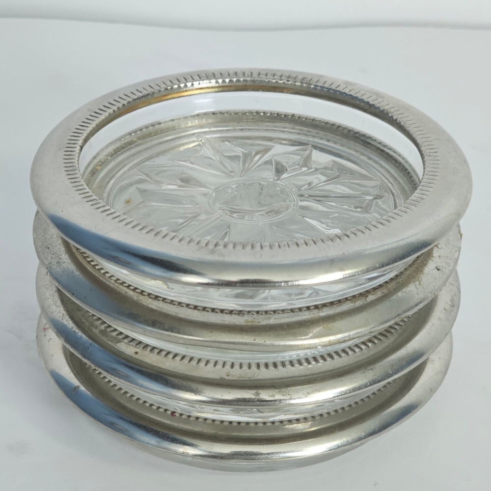 Silver Plated Rim Glass Coasters Set of 4 Starburst Pattern MCM Italy Vintage